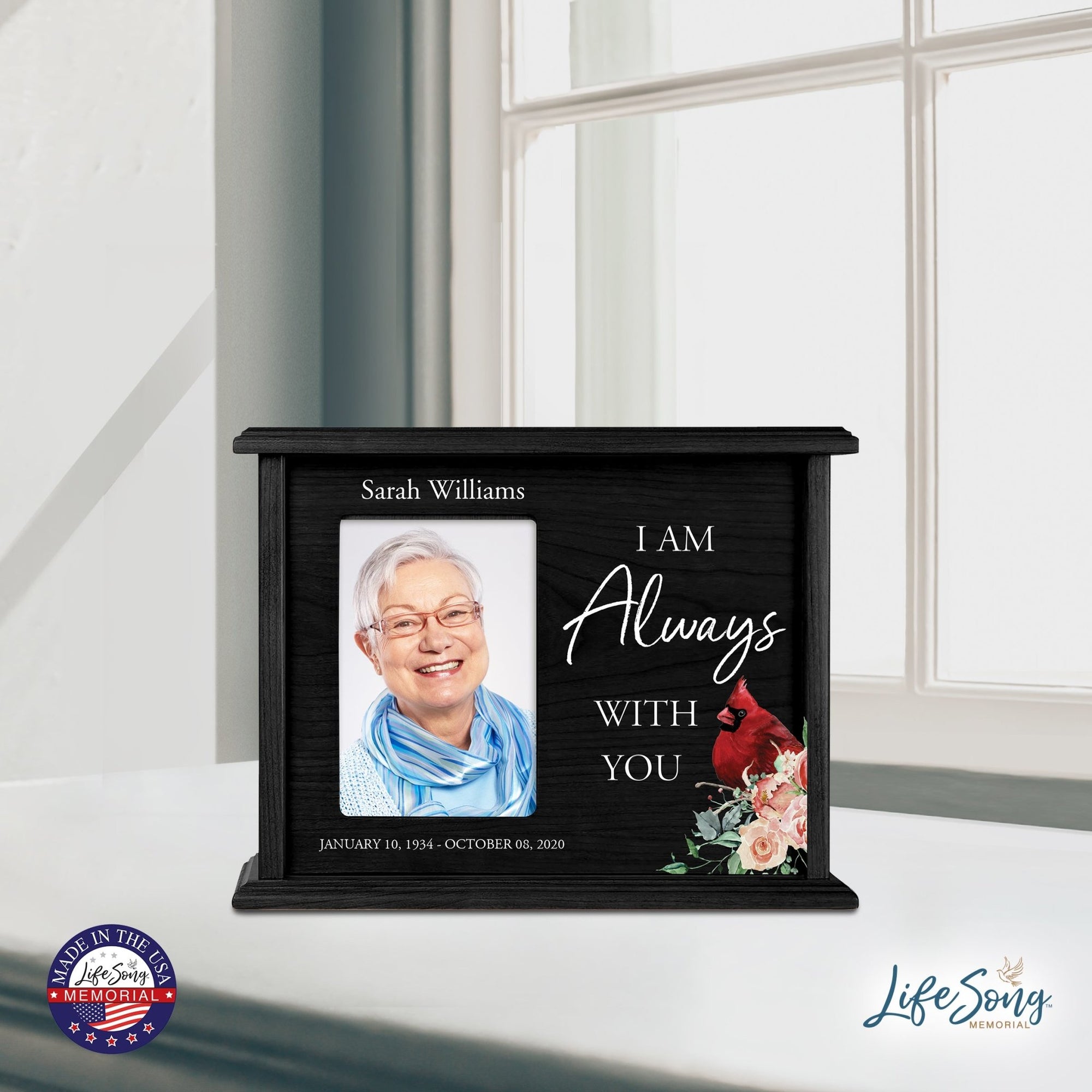 Customized Memorial Cremation Urn Wooden Urn Box with 4x6 Photo holds 200 cu in I Am Always - LifeSong Milestones