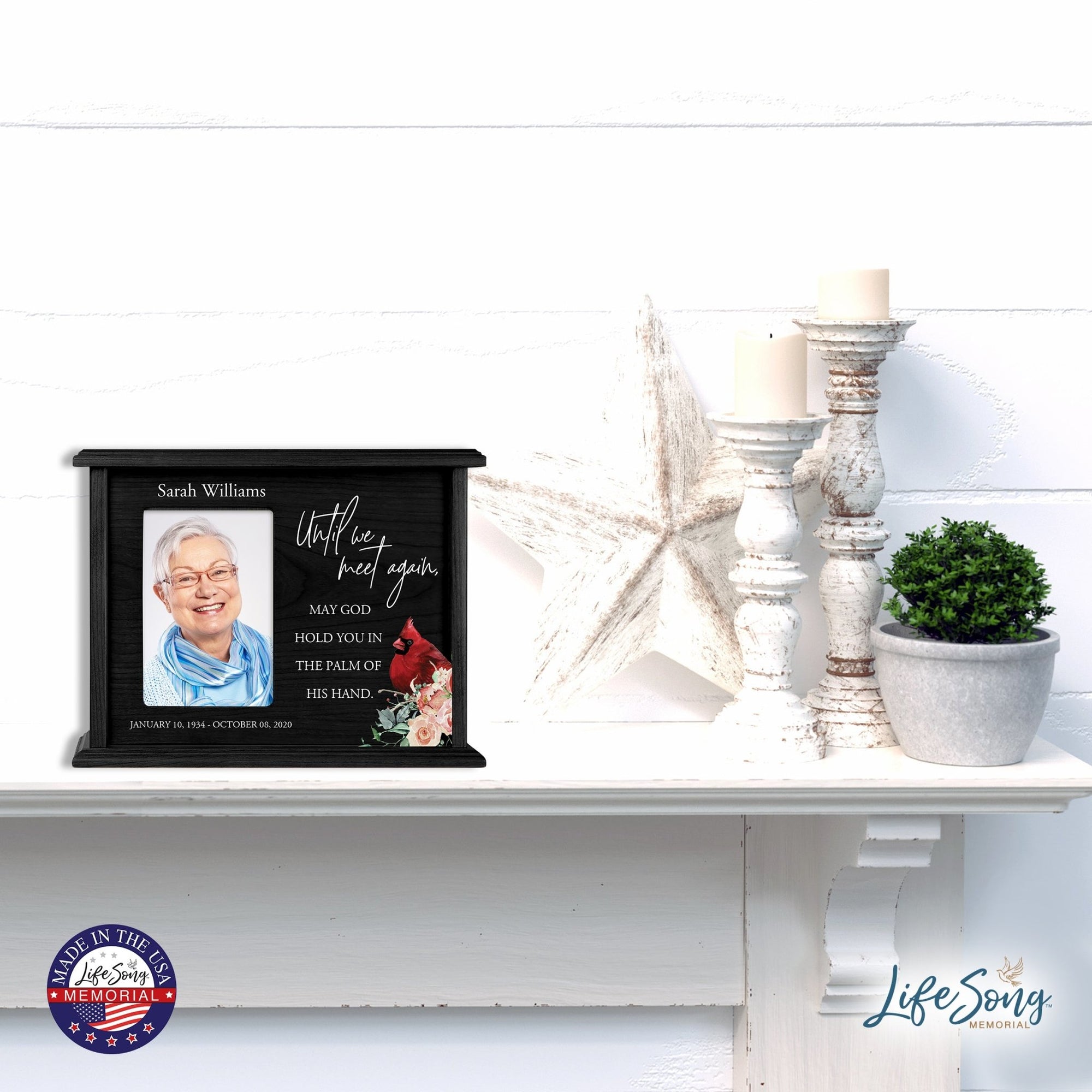 Customized Memorial Cremation Urn Wooden Urn Box with 4x6 Photo holds 200 cu in Until We Meet Again - LifeSong Milestones