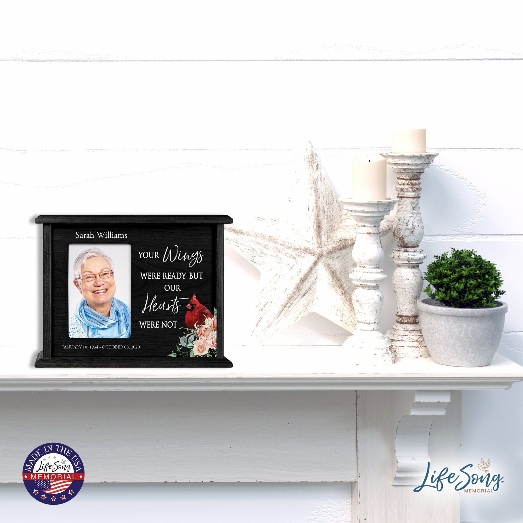 Customized Memorial Cremation Urn Wooden Urn Box with 4x6 Photo holds 200 cu in Your Wings Were - LifeSong Milestones