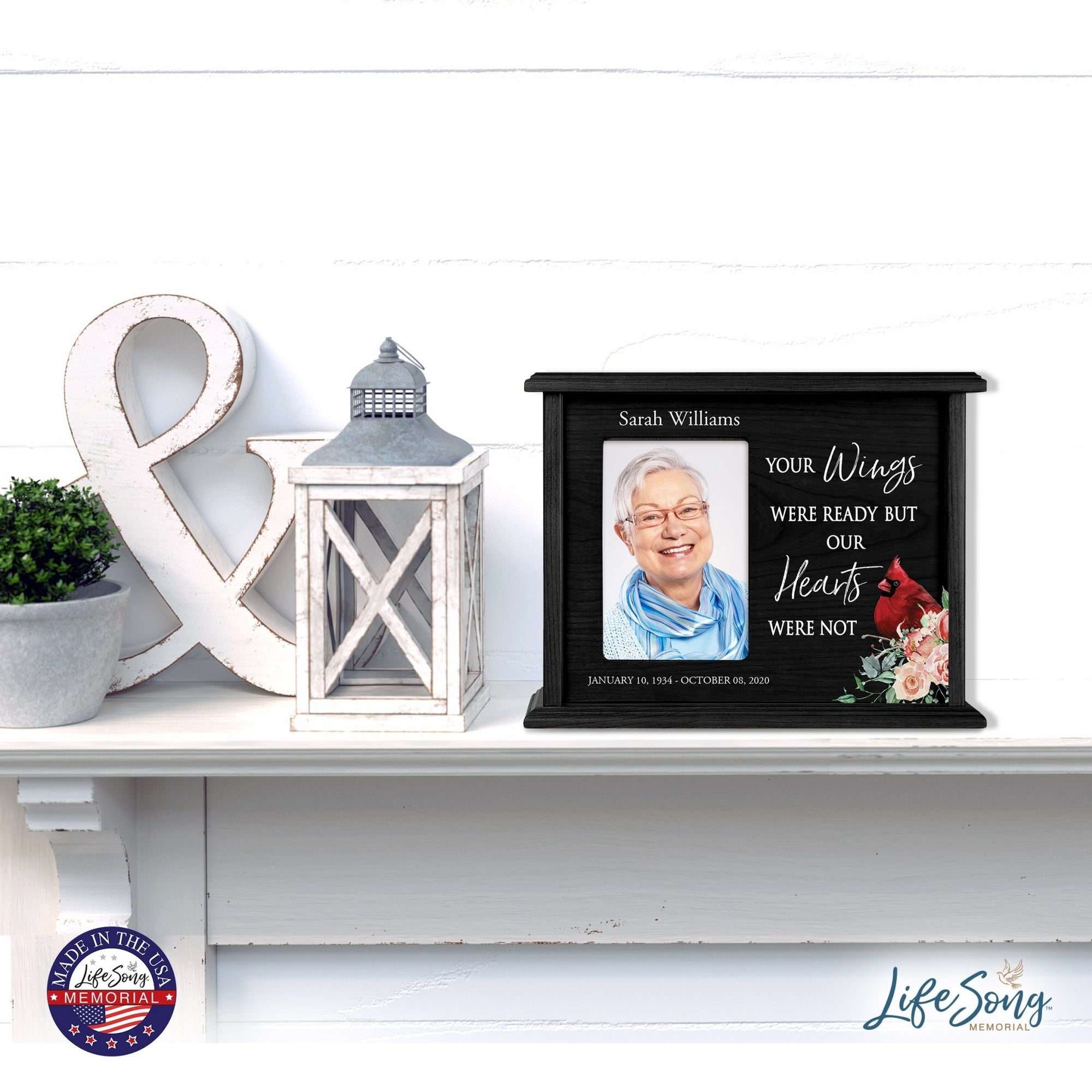 Customized Memorial Cremation Urn Wooden Urn Box with 4x6 Photo holds 200 cu in Your Wings Were - LifeSong Milestones