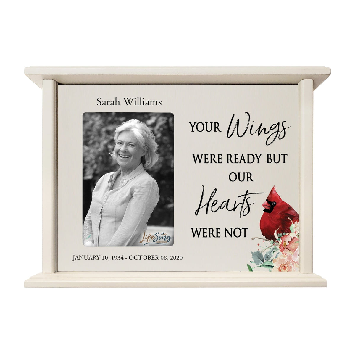 Customized Memorial Cremation Urn Wooden Urn Box with 4x6 Photo holds 200 cu in Your Wings Were - LifeSong Milestones