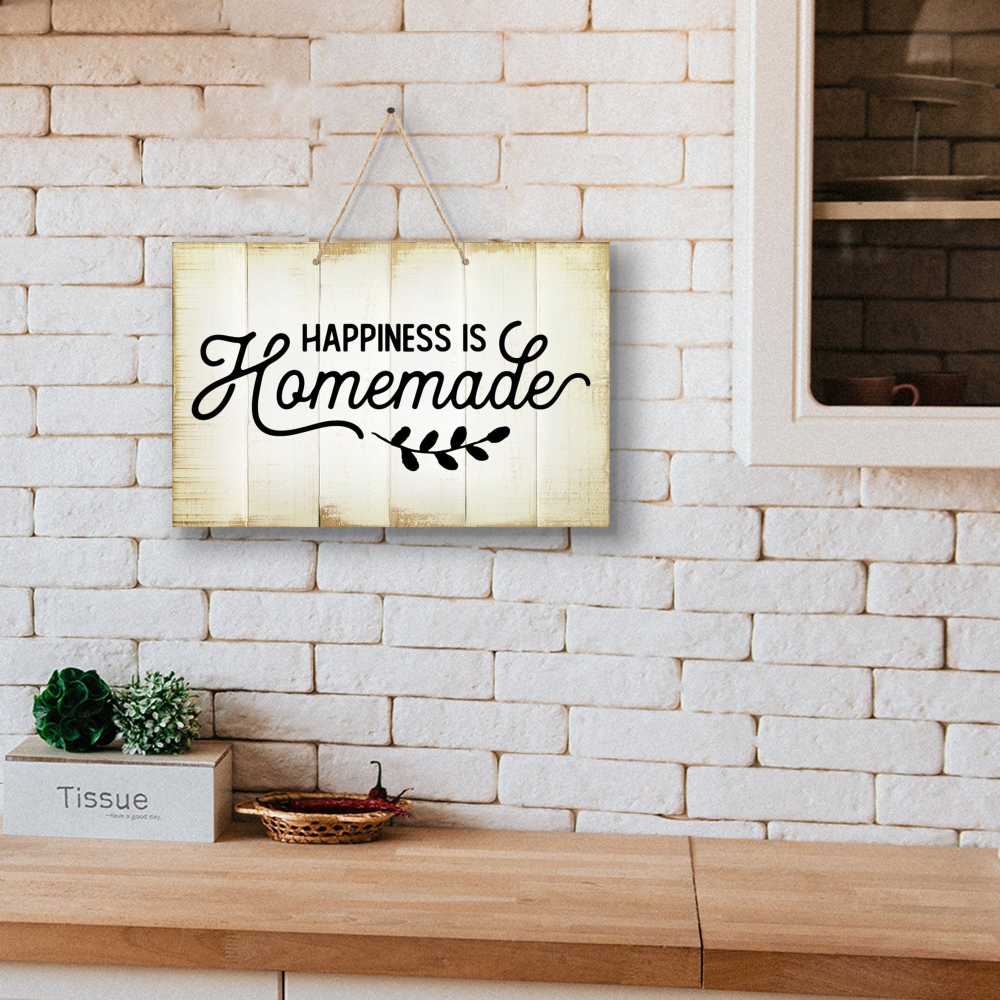 Inspirational Rustic Wooden Wall Hanging Rope Sign Kitchen Décor - Happiness Is Homemade