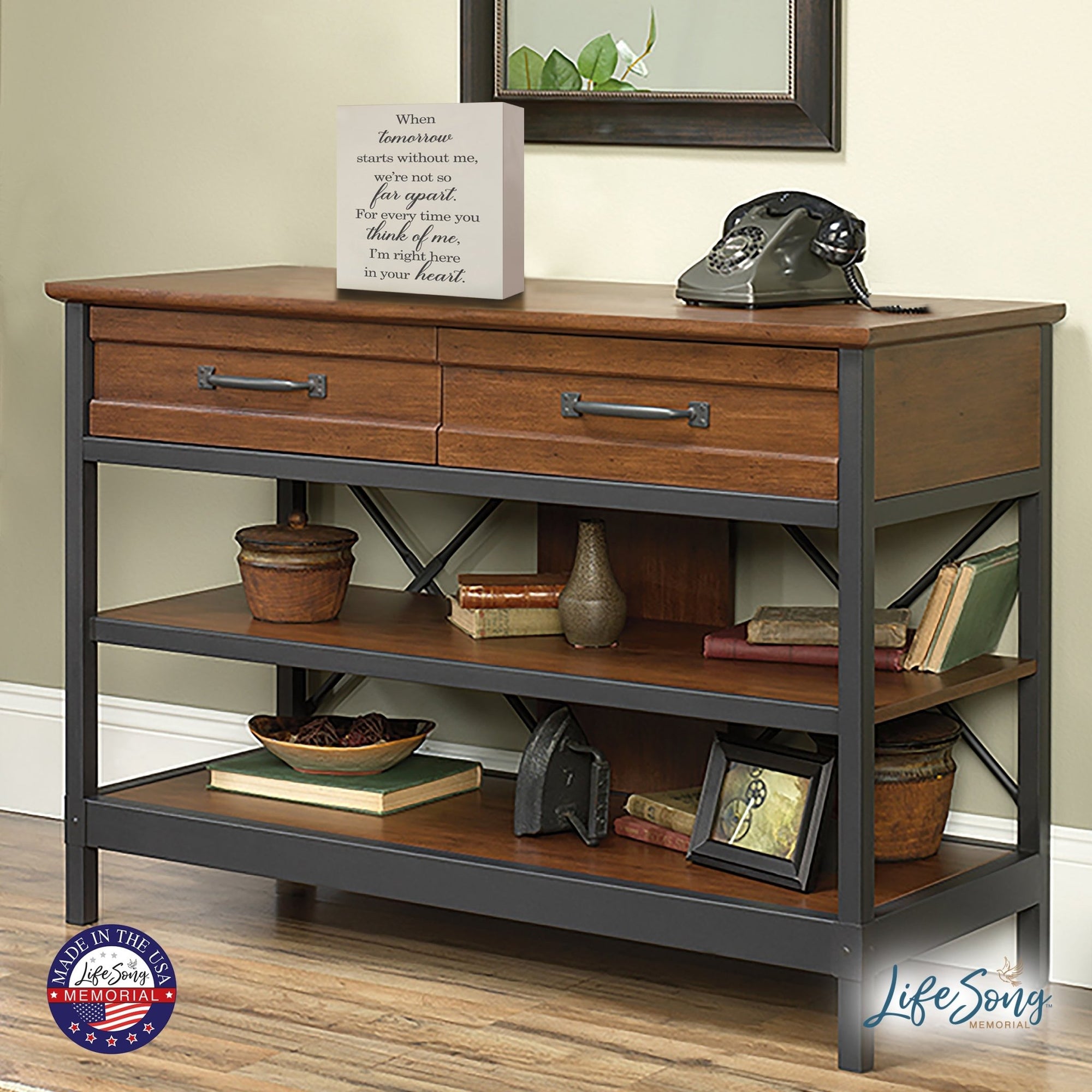 Lifesong Milestones Memorial Shadow Box Urn For Human Ashes situated on a rustic wooden console table, surrounded by vintage decor items and books, creating a timeless and heartfelt tribute in a cozy living space.