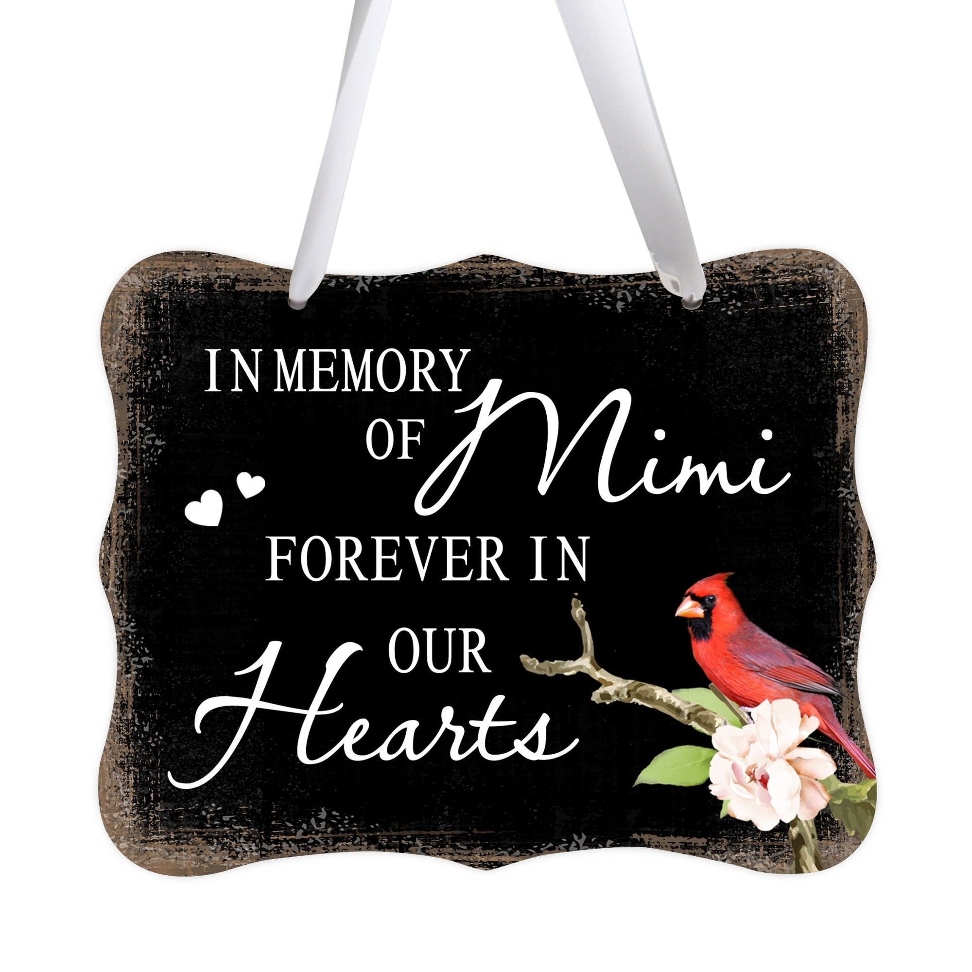 A memorial wall hanging sign adorned with a cardinal ribbon, a symbol of remembrance.