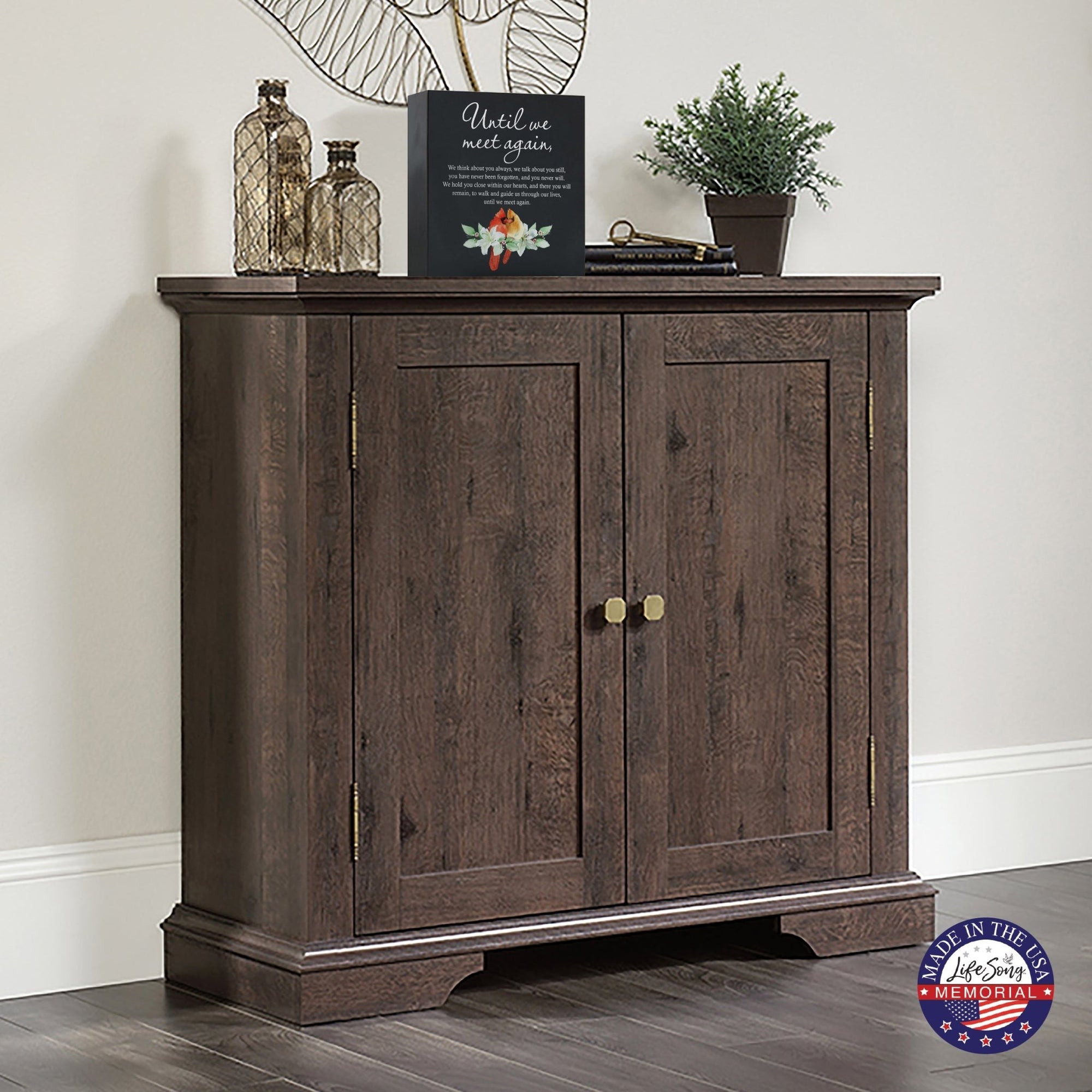 A wooden cremation urn box with a decorative design, suitable for holding human ashes.