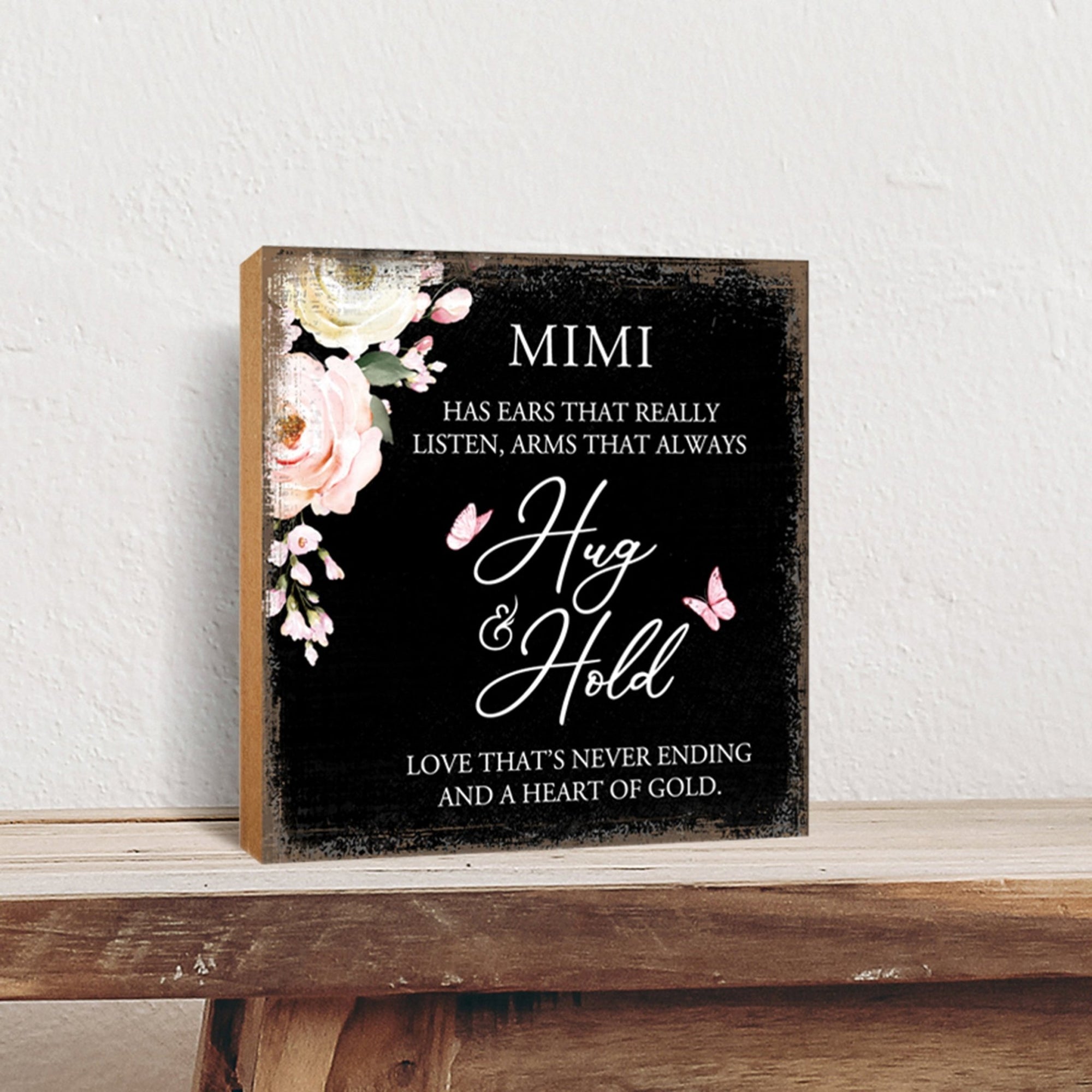 Mimi Has Ears Floral 6x6 Inches Wood Family Art Sign Tabletop and Shelving For Home Décor - LifeSong Milestones