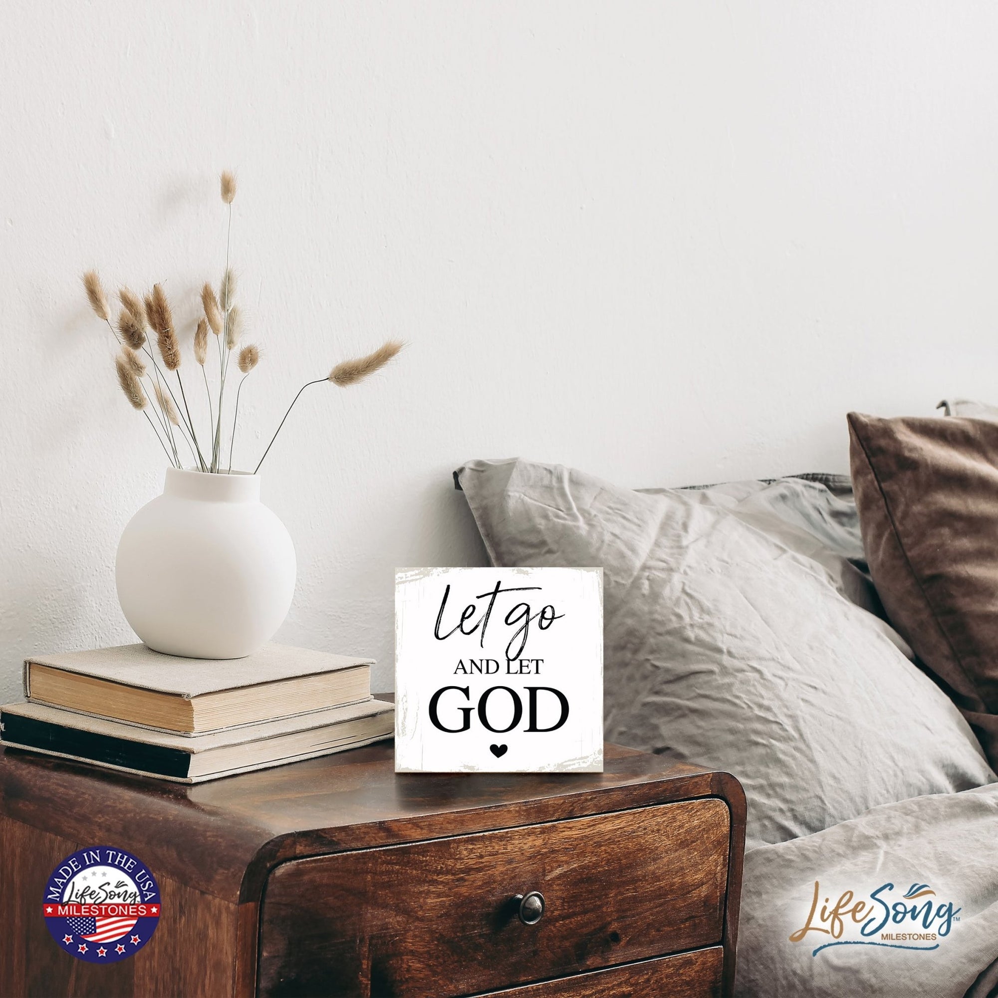 Modern 6x6in Wooden Sign (Let Go And Let God) Inspirational Plaque and Tabletop Family Home Decoration - LifeSong Milestones