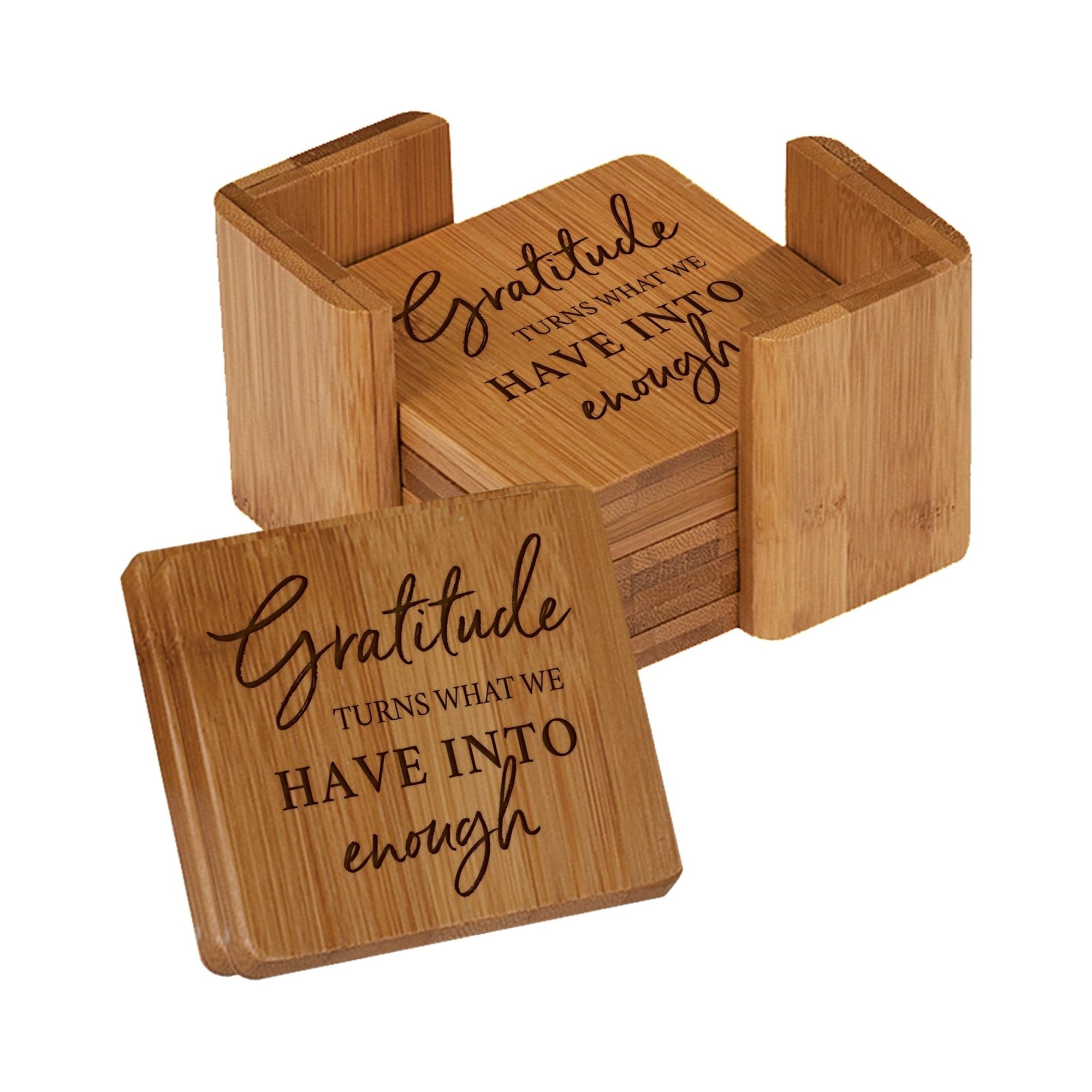 Modern Family Home 6pc Bamboo Coaster Set With Holder 4.5x4.5 – Gratitude Turns What - LifeSong Milestones
