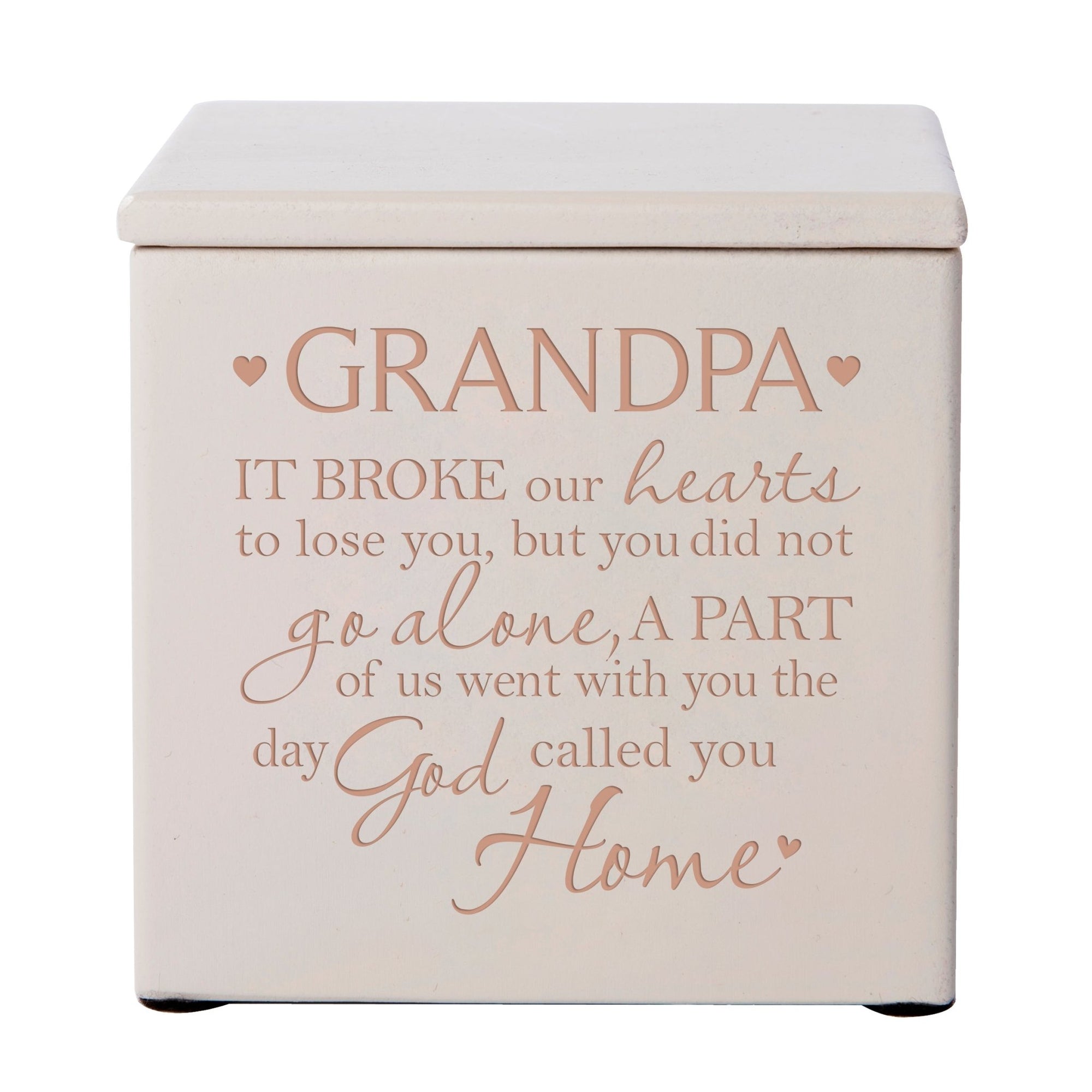 Modern Inspirational Memorial Wooden Cremation Urn Box 4.5x4.5in Holds 49 Cu Inches Of Human Ashes (It Broke Our Hearts Grandpa) Funeral and Commemorative Keepsake - LifeSong Milestones
