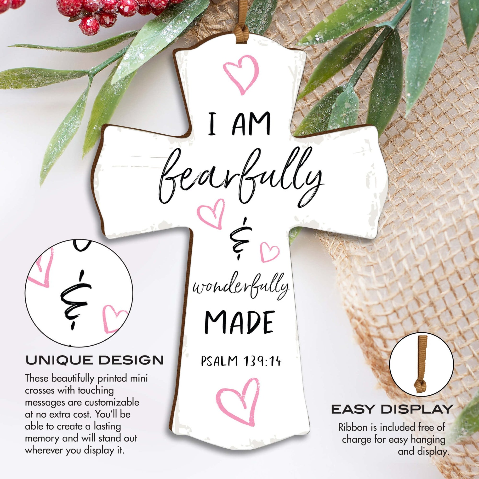 Modern Inspirational Wooden Mini Cross - I Am Fearfully - LifeSong Milestones