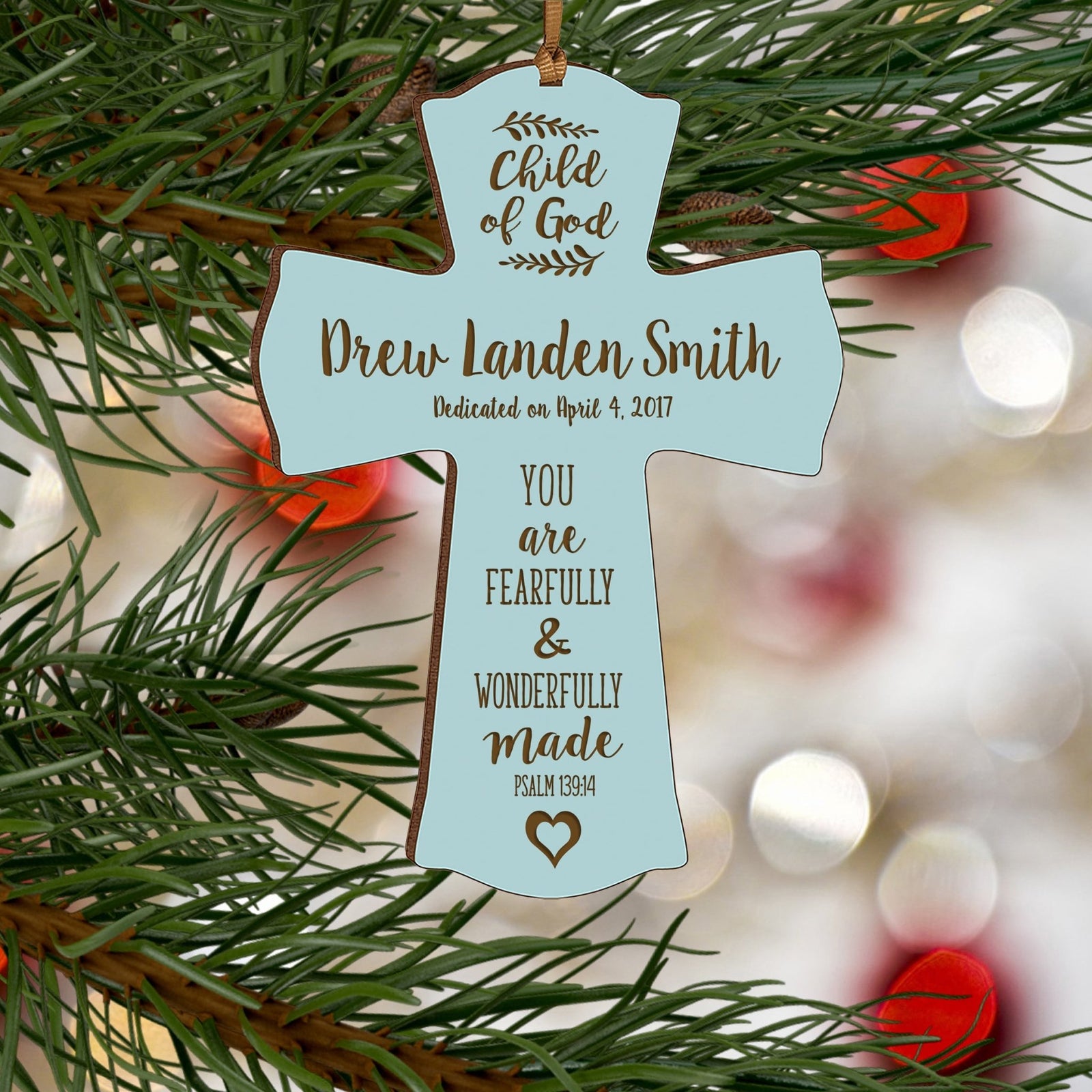 Personalized Baptism Cross Ornament - Fearfully & Wonderfully - LifeSong Milestones