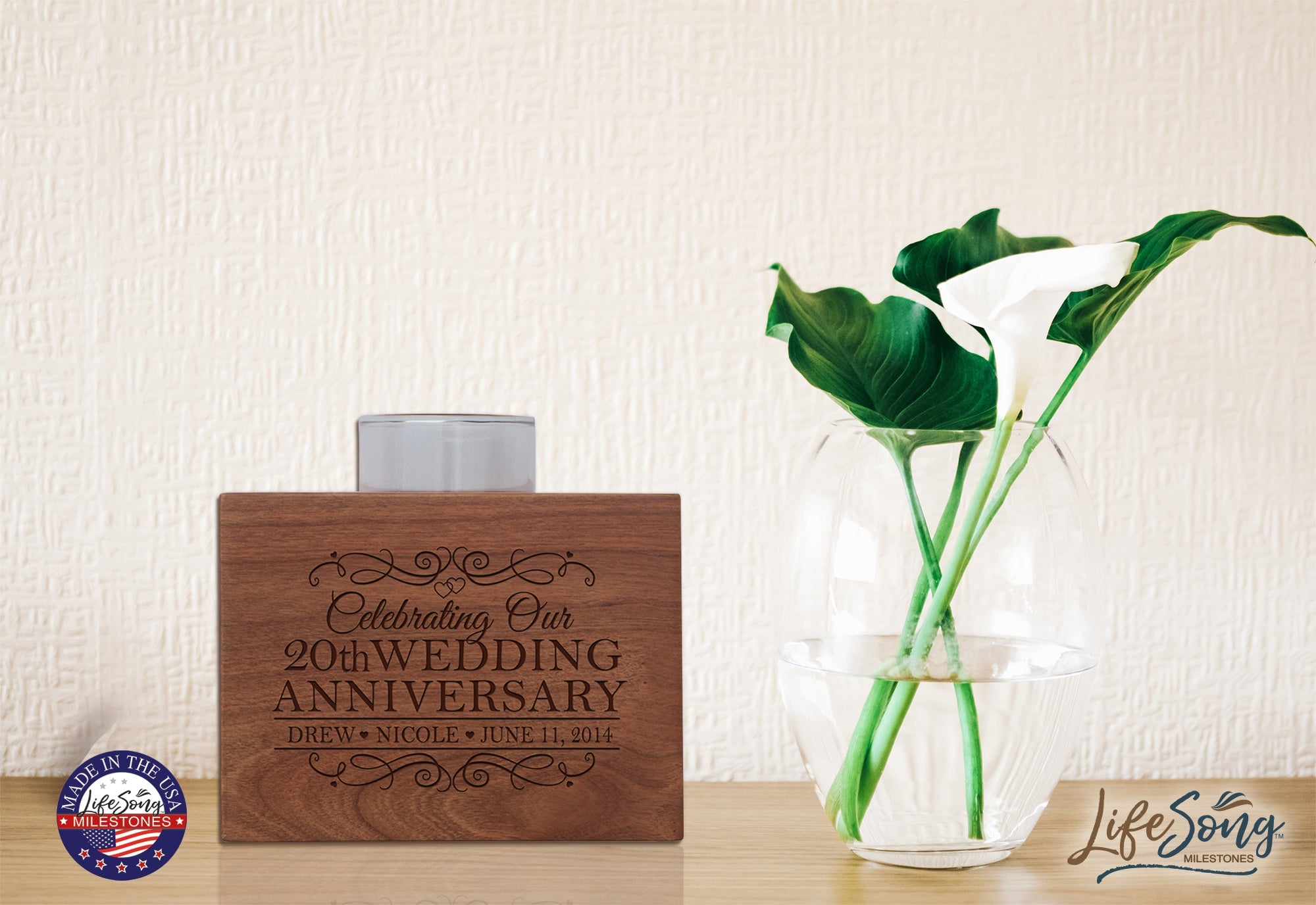 Personalized Cherry Wood Single Votive Candle Holder - 20th Wedding Anniversary - LifeSong Milestones