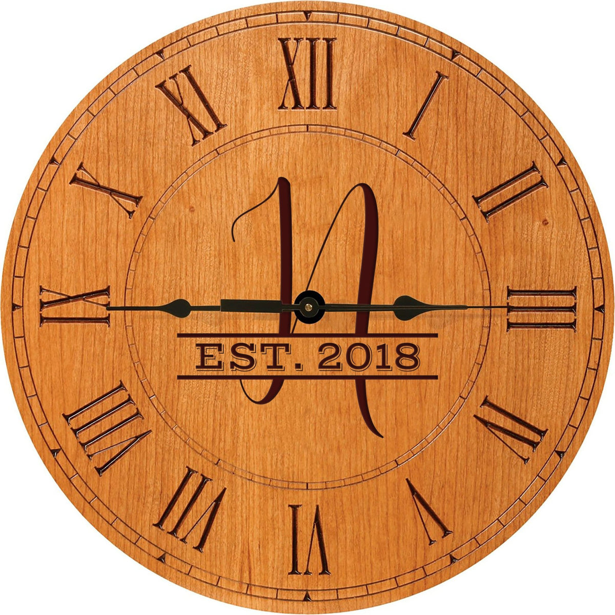 Personalized Engraved Monogram Cherry Wood Clock 12&quot; - N - LifeSong Milestones