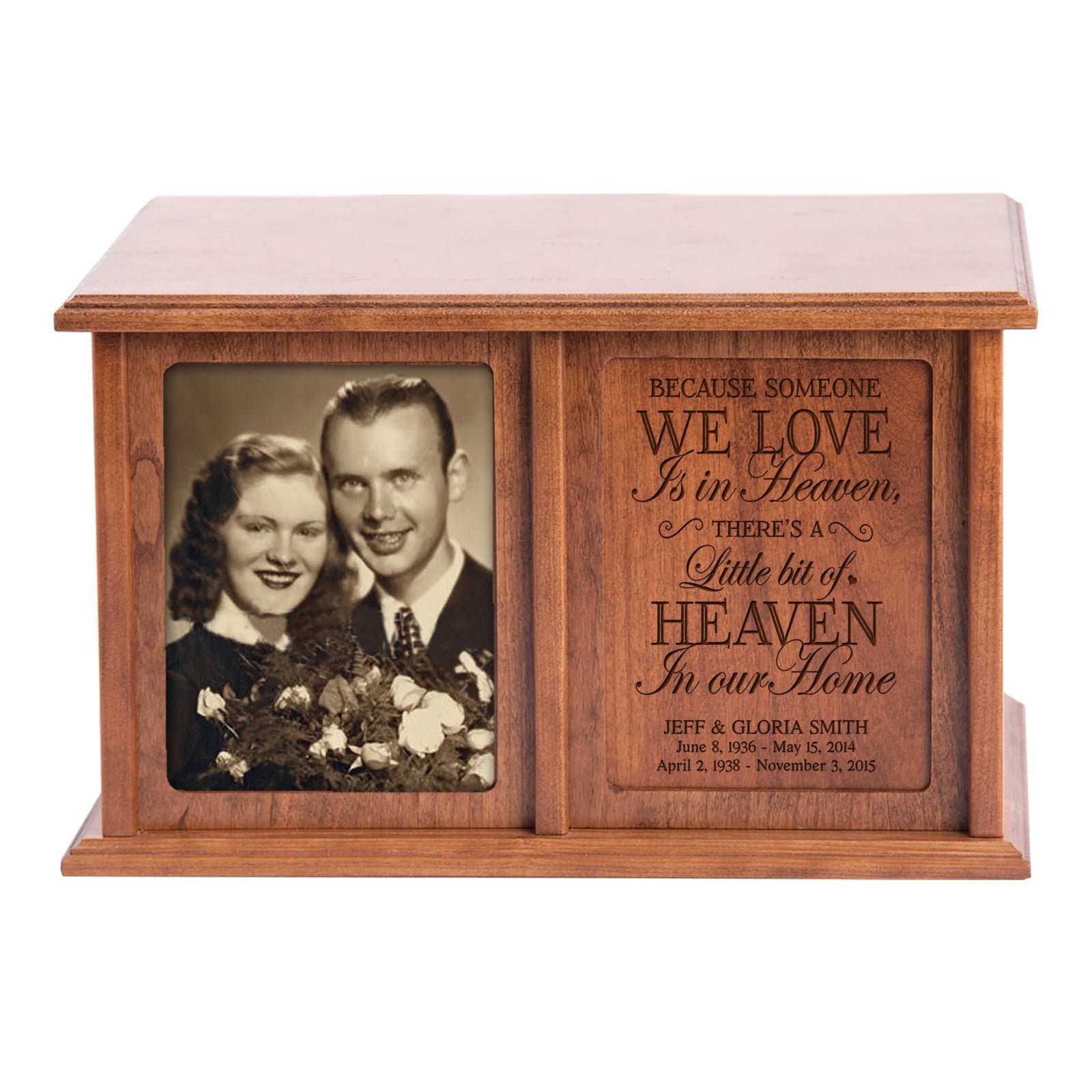 A wooden double urn for two sets of ashes, personalized with a classic design featuring a framed photo on the left and a blank panel on the right for customization. This decorative urn is ideal for preserving memories of loved ones with dignity and care.