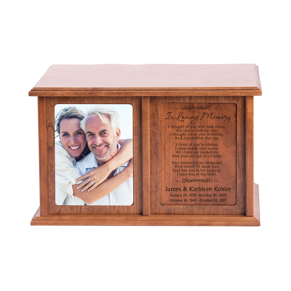 Various wooden urns for ashes including custom, engraved, and personalized options, suitable for funeral memorials and as keepsakes