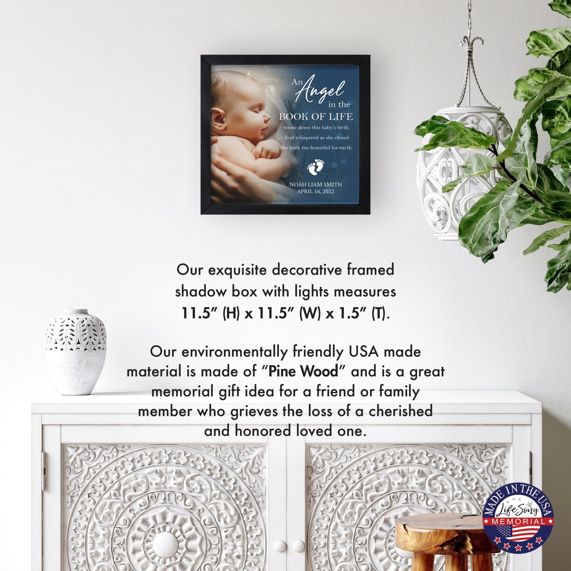 Personalized Memorial Black Framed Shadow Box With Lights Sympathy Gift & Wall Décor - An Angel In The Book - LifeSong Milestones