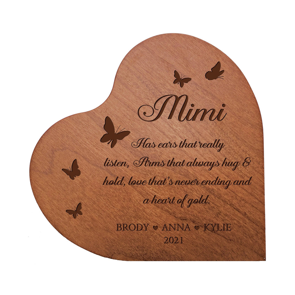 Personalized Modern Mimi’s Love Solid Wood Heart Decoration With Inspirational Verse Keepsake Gift 5x5.25 - Mimi Has Ears That Really = Hug &amp; Hold - LifeSong Milestones